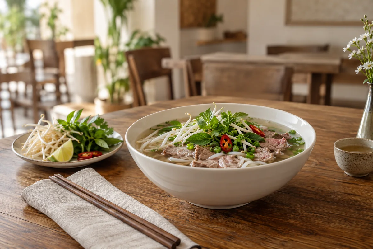 Món ăn và không gian nhà hàng minh họa.