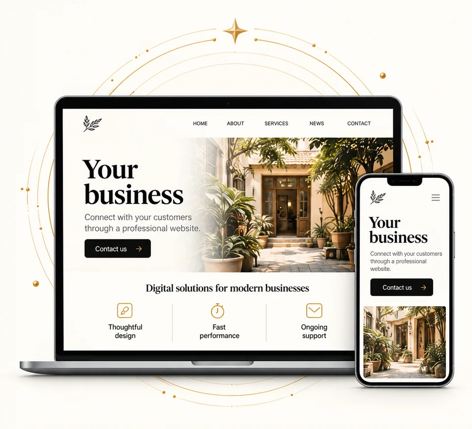 An illustrative business website on a laptop and phone.