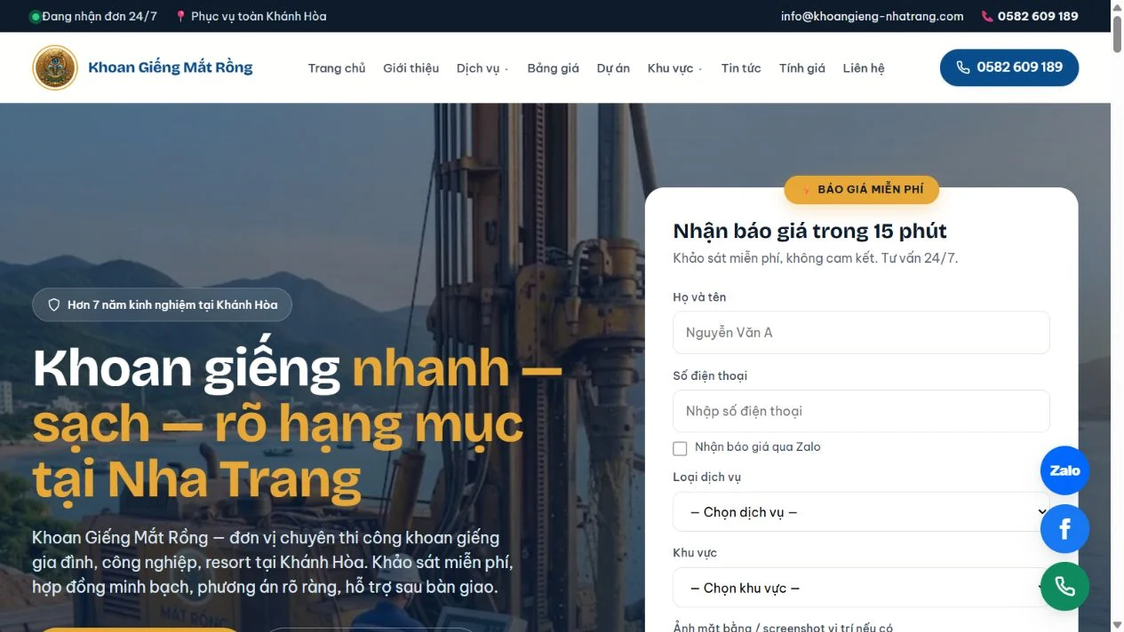 Giao diện website Khoan Giếng Nha Trang, với thông tin dịch vụ và biểu mẫu liên hệ.